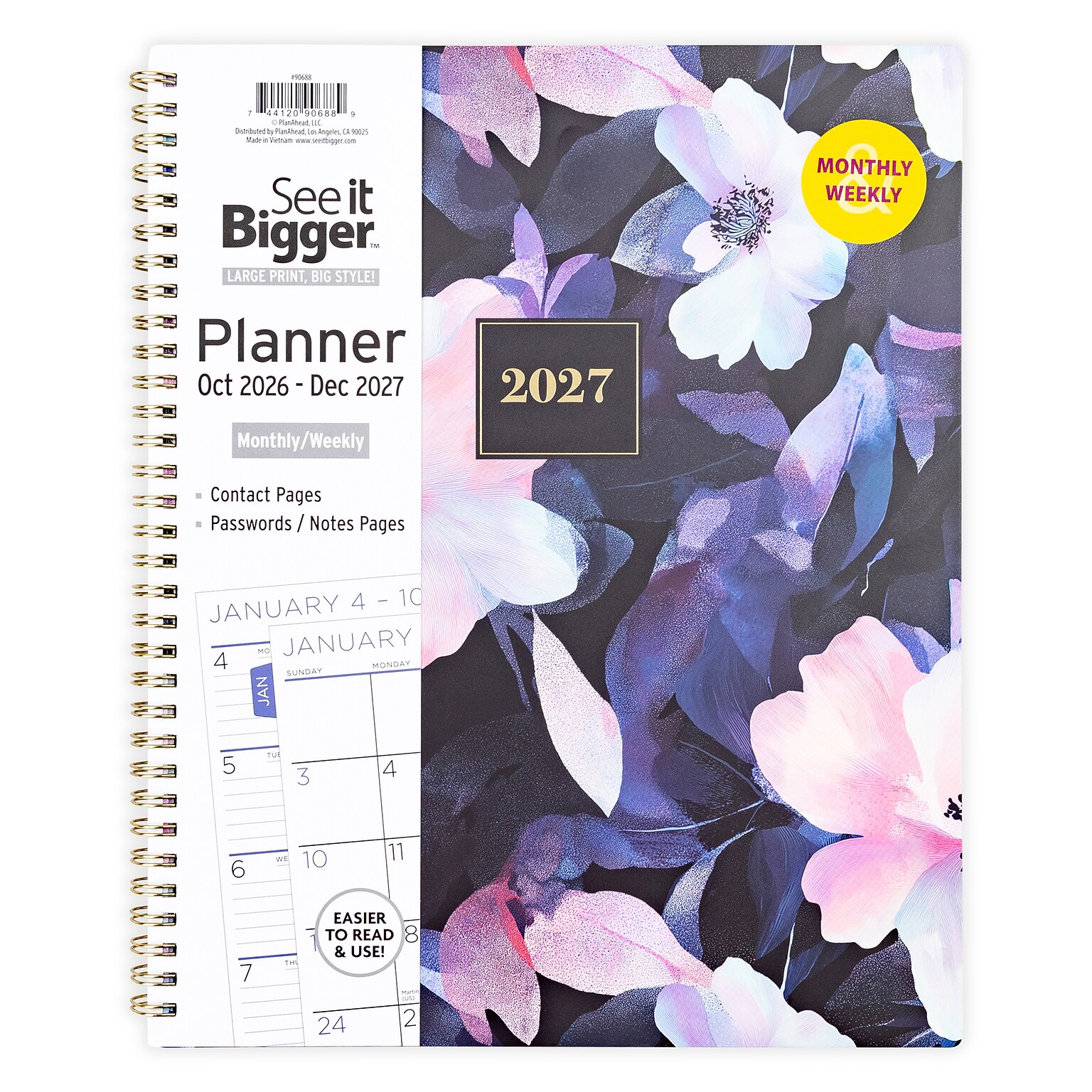 2026-2027 Overland Travelware 0.75 x 9.25 Calendar Year Weekly & Monthly Planner, Paperboard Cover, Black Floral (90688)