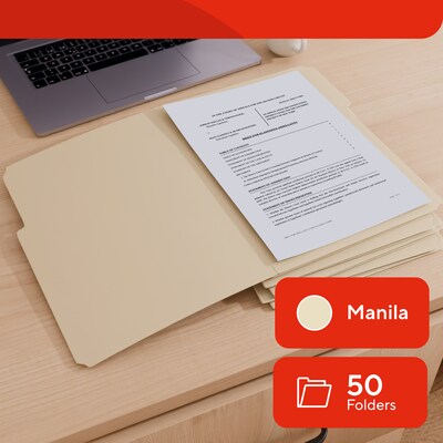 Staples File Folders, Legal Size, 1/3-Cut Tabs, Assorted Positions, Manila, Durable Paper Stock, 50/Pack
