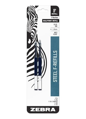 Zebra Steel F Ballpoint Pen Refill, Medium Point, Blue Ink, 2/Pack (ZEB85422)