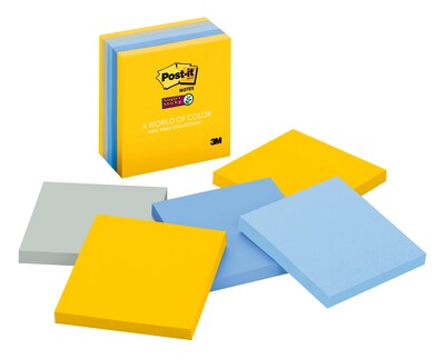 Post-it® Super Sticky Notes, 3" x 3", New York Color Collection, 90 Sheets/Pad, 5 Pads/Pack (654-5SSNY)