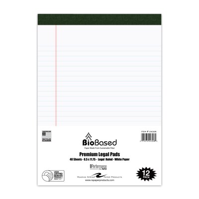 Roaring Spring Legal Pads, 8.5 x 11.75, 20 lb. Heavyweight Biobased Paper, White, 40 Sheets/Pad, 12 Pads/Pack (24326)
