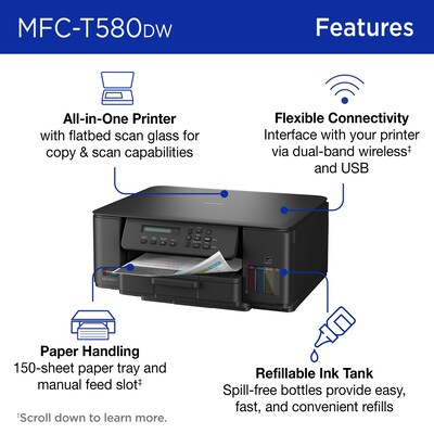 Brother INKvestment Tank MFC-T580DW Wireless Color All-In-One Supertank Inkjet Printer, Best for Home Office