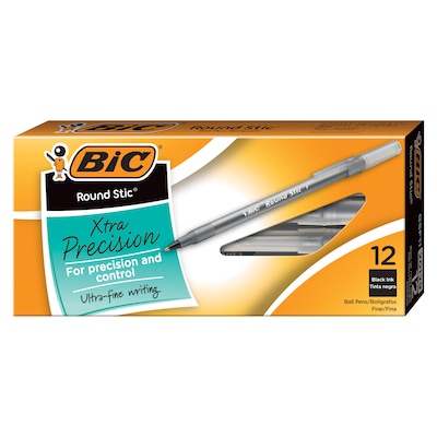 BIC Round Stic Ballpoint Pen, Fine Point, 0.8mm, Black Ink, Dozen (20129/GSF11BK)