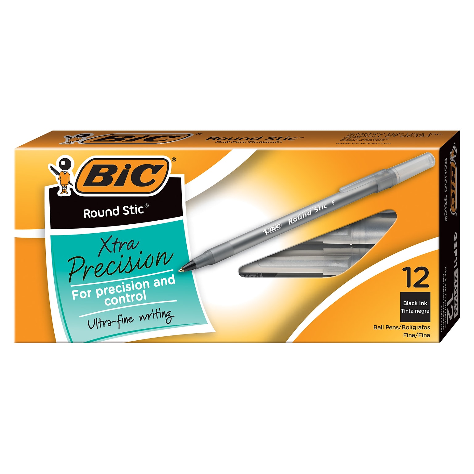 BIC Round Stic Ballpoint Pen, Fine Point, 0.8mm, Black Ink, Dozen (20129/GSF11BK)