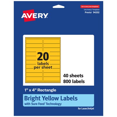 Avery Rectangle Laser/Inkjet Multipurpose Labels, 1 x 4, Bright Yellow (800/Box)