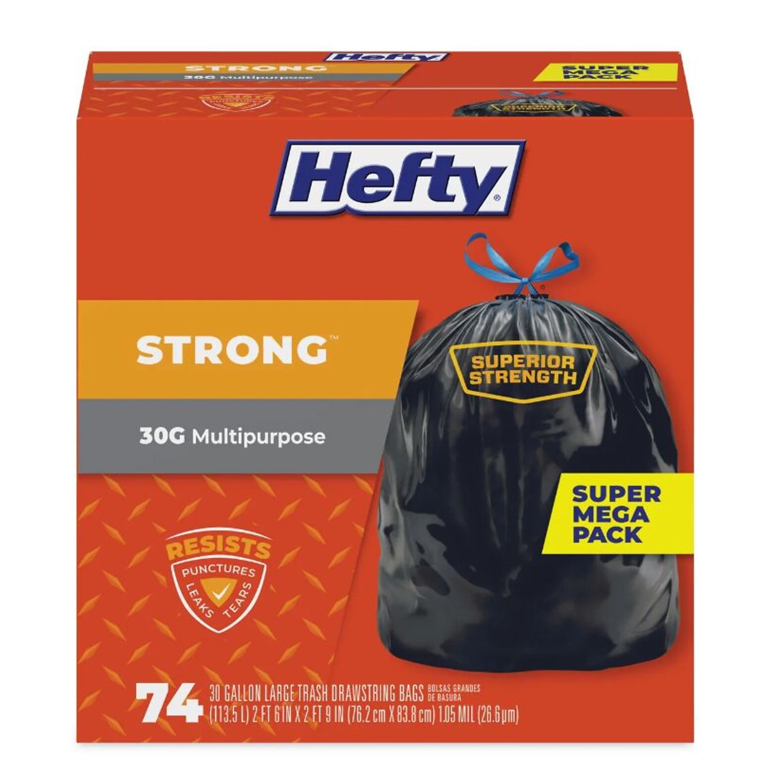 Hefty 30 Gallon Trash Bag, 30 x 33, Low Density, 1.1 mil, Black, 222 Bags/Box (PCTE85274CT)