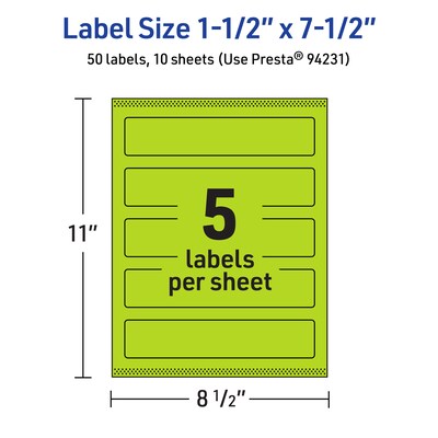 Avery Laser/Inkjet Multipurpose Rectangle Labels, 1.5" x 7.5", Bright Green, 50/Pack (94231)