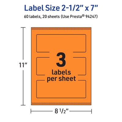 Avery Rectangle Multipurpose Labels, 2.5" x 7", Bright Orange, 60/Pack (94247)