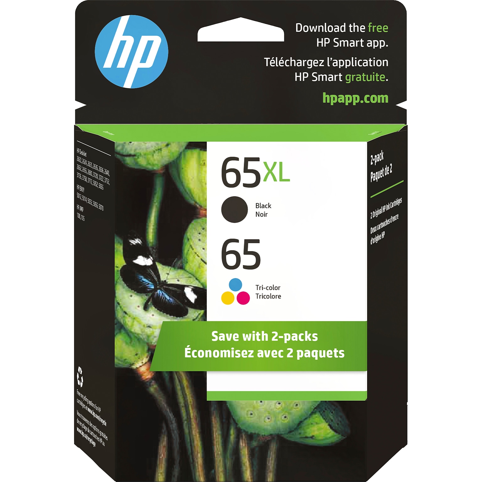 HP 65XL/65 Black High Yield and Tri-Color Standard Yield Ink Cartridge, 2/Pack (6ZD95AN)