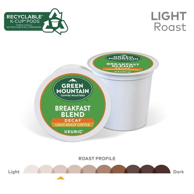 Green Mountain Breakfast Blend Decaf Coffee Keurig® K-Cup® Pods, Light Roast, 96/Carton (7522)