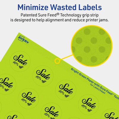 Avery Laser/Inkjet Multipurpose Circle Labels, 1.25" Dia., Bright Green, 2400/Box (94505)