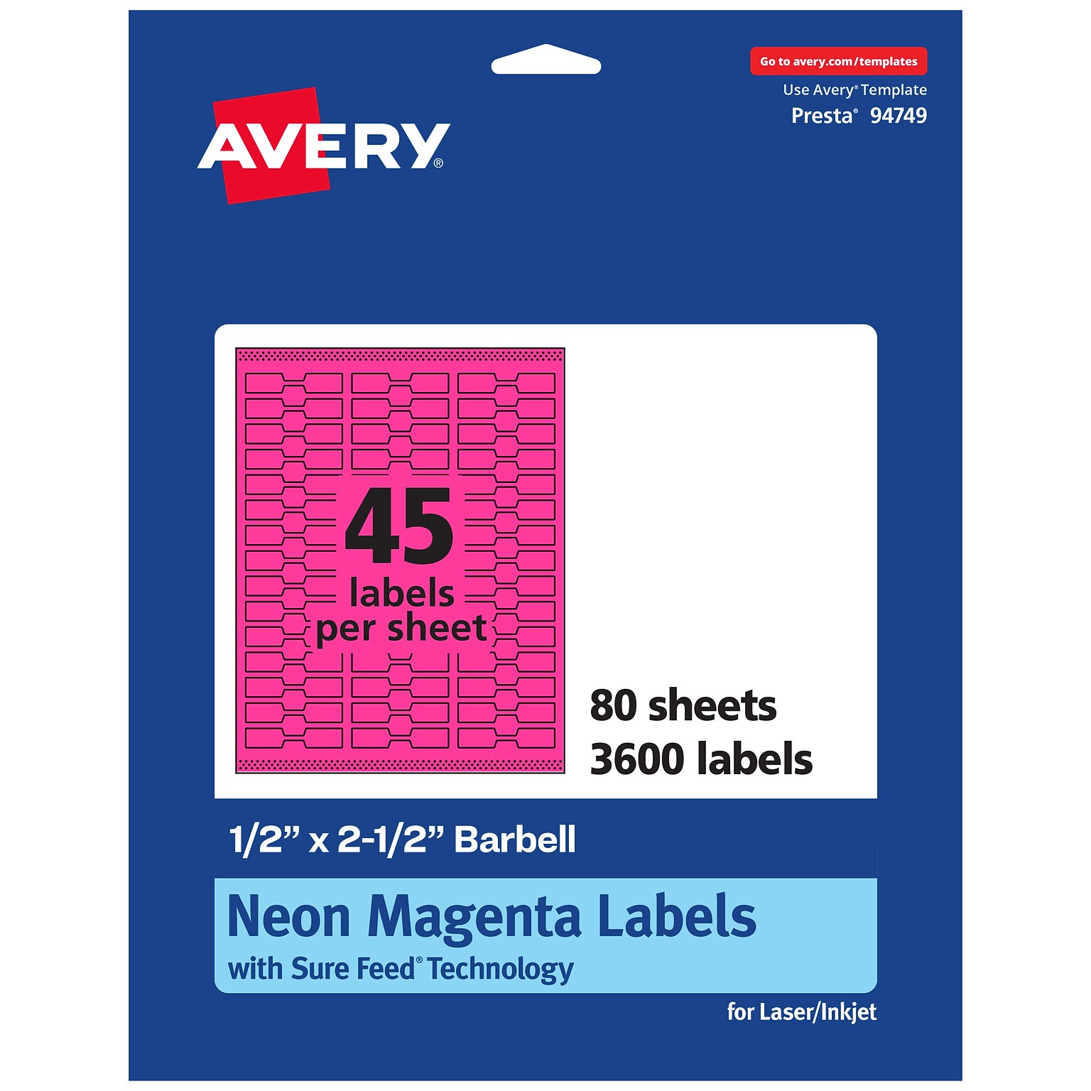 Avery Laser/Inkjet Barbell Multipurpose Labels, 0.5 x 2.5, Neon Magenta, 3600/Box (94749)