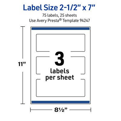 Avery Waterproof Rectangle Laser Multipurpose Labels, 2.5" x 7", White, 75/Pack (19479399329)