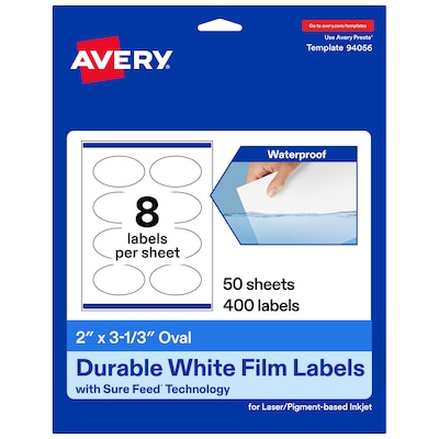 Avery Laser/Inkjet Oval Waterproof Multipurpose Labels, 3.33  Dia, White, 400 Labels/Box (94056)