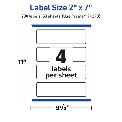 Avery TrueBlock Laser/Inkjet Rectangle Multipurpose Labels, 2" x 7", White, 200/Box (94243)