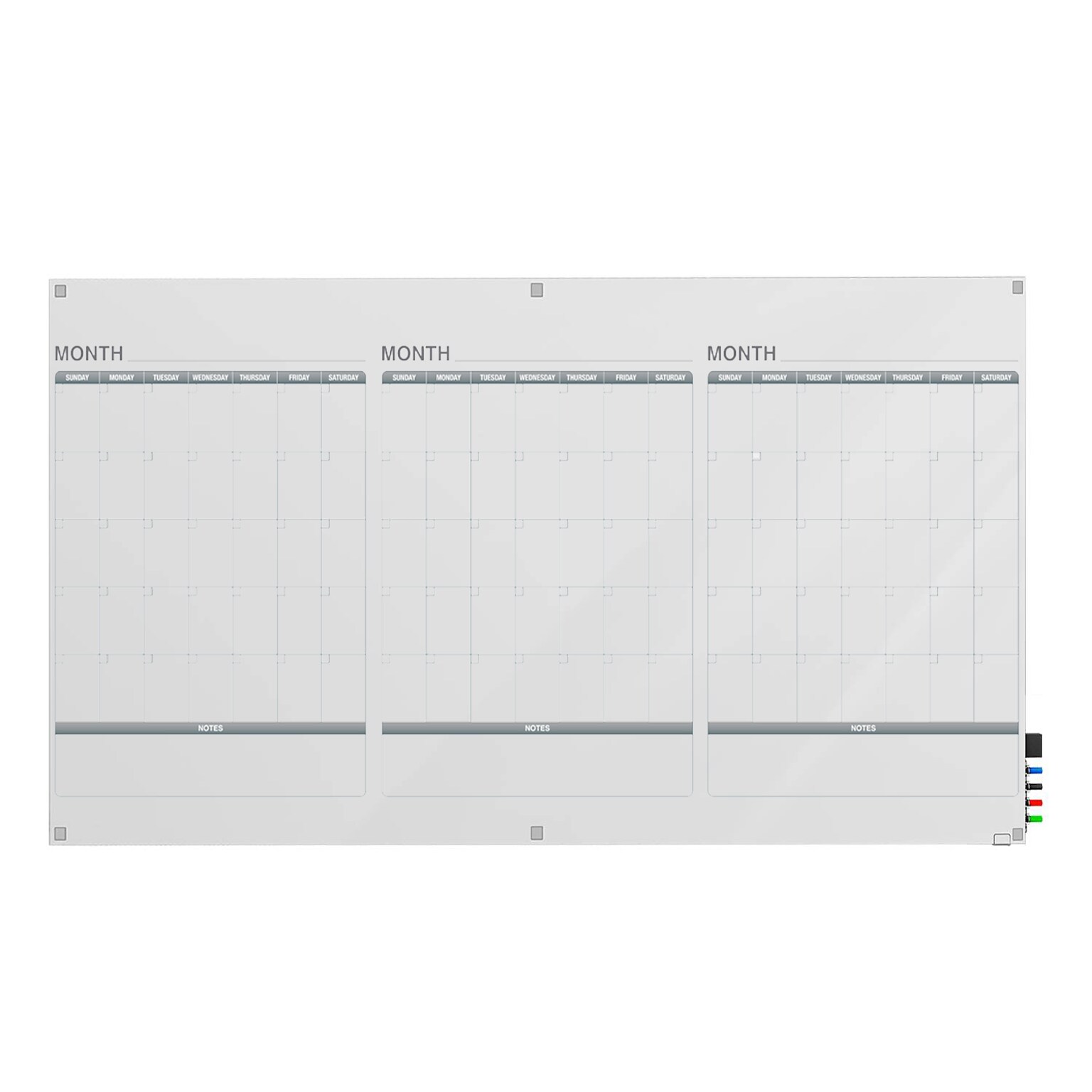 Ghent Calendar Harmony Glassboard w/ Standoffs, Square Corners, 3 Month Calendar, Magnetic, 4H x 8W (GRPHMYSM33M-48)