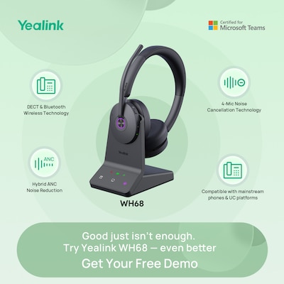 Yealink WH68 Wireless Active Noise Cancelling Stereo Phone Headset w/ Stand, UC Certified