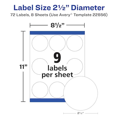 Avery Waterproof Laser/Inkjet Round Labels, 2 1/2" Dia, White, 72 Labels/Pack (22856)