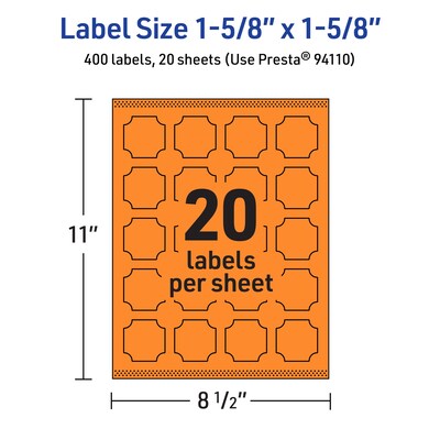 Avery Decorative Edge Multipurpose Labels, 1-5/8" x 1-5/8", Bright Orange, 400/Pack (94110)