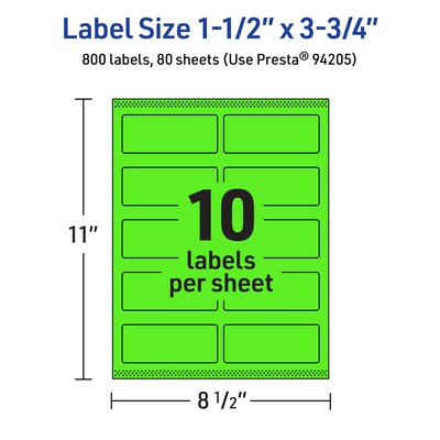 Avery Laser/Inkjet Multipurpose Rectangle Labels, 1.5" x 3.75", Neon Green, 800/Box (94205)