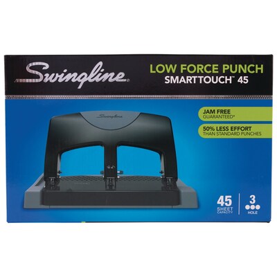 Swingline® SmartTouch™ Low Force 3-Hole Punch, 45 Sheet Capacity, Black/Gray (A7074136)