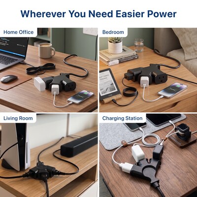Uncaged Ergonomics Comfort Grip 3-Outlet Extension Cord, 8 ft, Black (CGEC-Black)