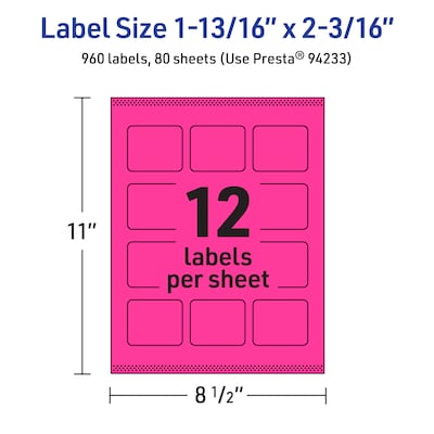 Avery Rectangle Laser/Inkjet Multipurpose Labels, 1-13/16" x 2-3/16", Neon Magenta (960/Box)