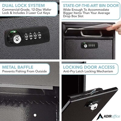 AdirOffice Large Wall Mounted Drop Box with Suggestion Cards, Combination Lock, Black (631-04-BLK-KC-PKG)