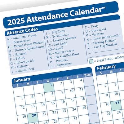 ComplyRight 2025 Attendance Calendar Card, 25 Forms/Pack (A4000W25)