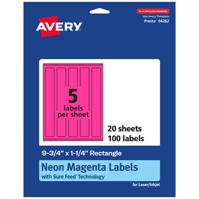 Avery Rectangle Laser/Inkjet Multipurpose Labels, 9.75 x 1.25, Neon Magenta (100/Pack)