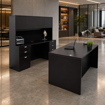 Boss Office Products 66" Desk and Credenza with Hutch and 2 File Pedestals, Mocha (GROUPA16-MOC)