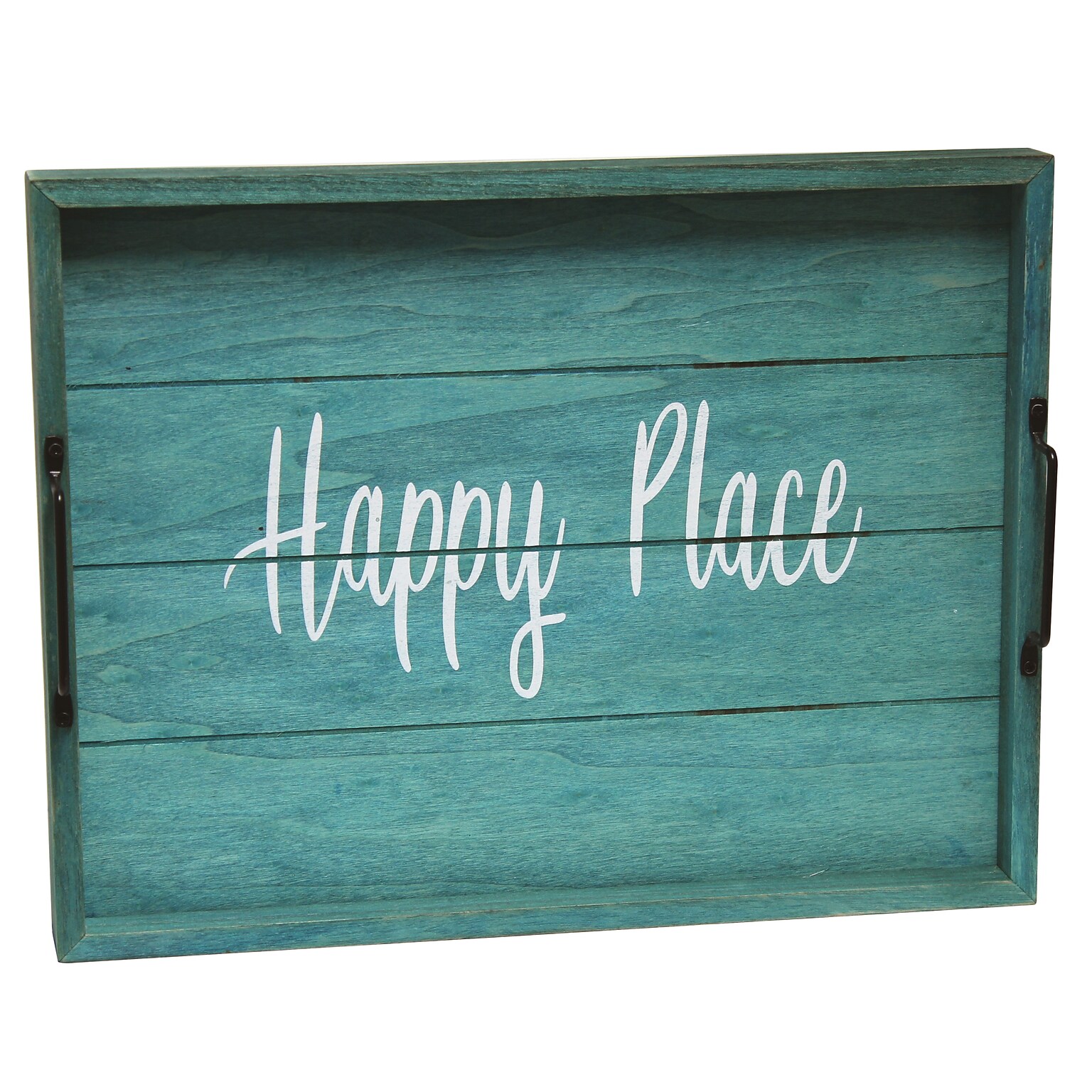 Elegant Designs Happy Place Decorative Wood Serving Tray w/ Handles, 15.50 x 12, Blue Wash (HG2000-BHP)