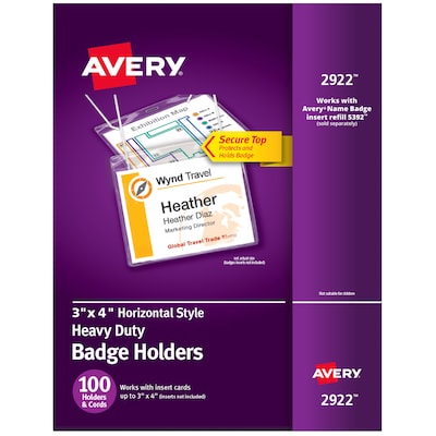 Avery Secure Top Heavy Duty Hanging Style Name Badge Holders, 3 x 4, Clear Landscape Holders, 100/