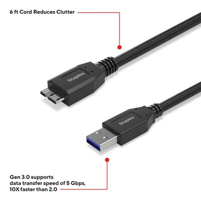 Staples TECH 6 ft. USB-A to Micro USB Type B Cable, Male to Male, Black (ST62441)