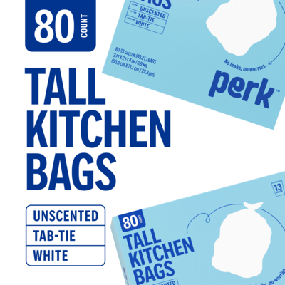 Perk™ 13 Gallon Kitchen Trash Bag, 28" x 24", Low Density, 0.9 mil, White, 80 Bags/Box (PK56749)