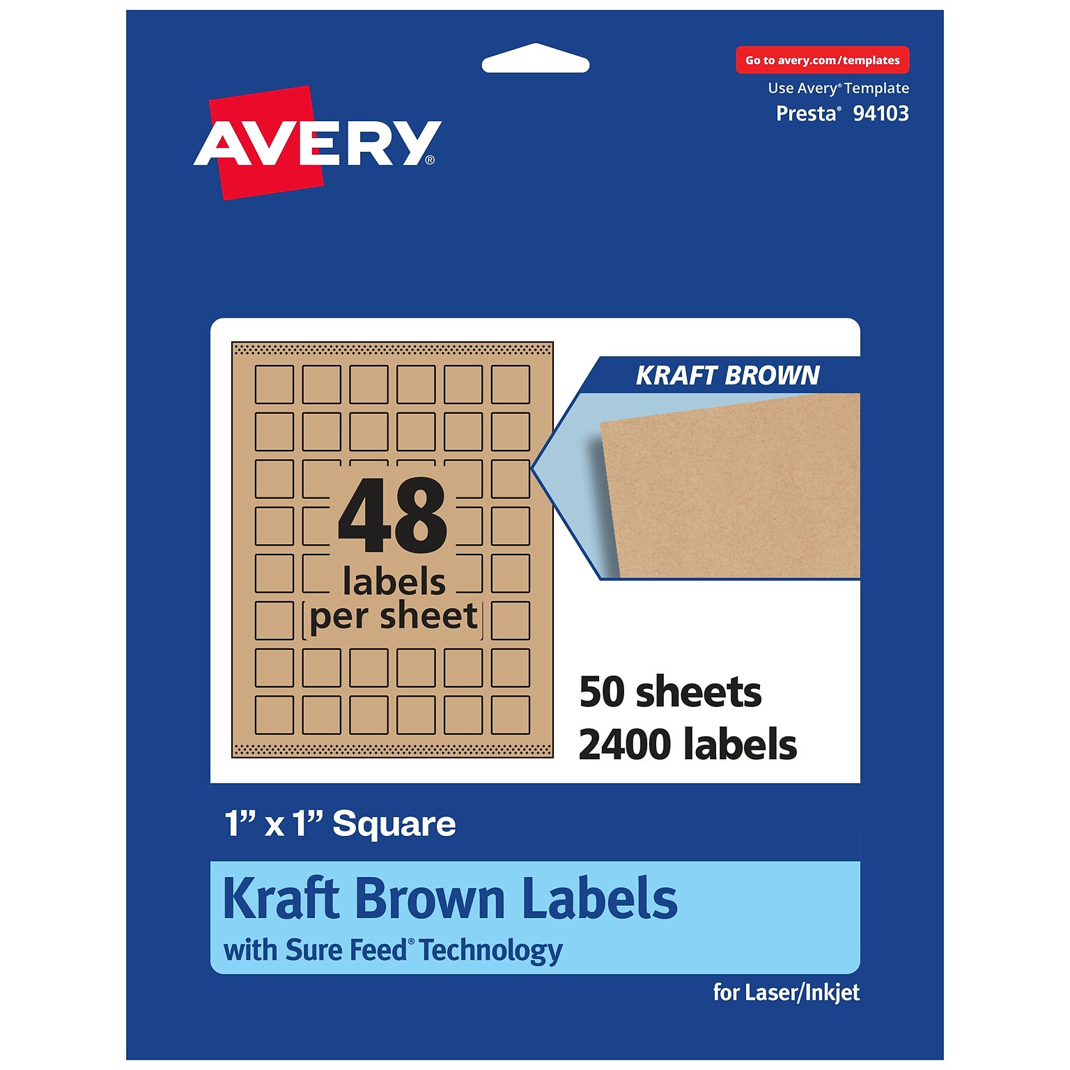 Avery Square Labels, 1 x 1, Kraft Brown, 2,400 Labels/Box (94103)