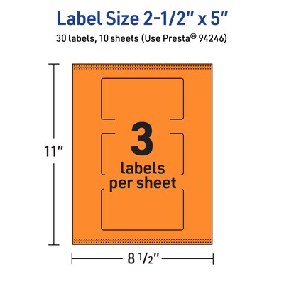 Avery Laser/Inkjet Multipurpose Rectangle Labels, 2.5" x 5", Bright Orange, 30/Pack (94246)