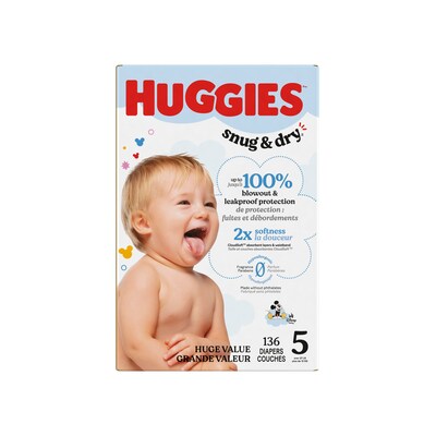 Huggies Snug & Dry Baby Diapers, Size 5, 136/Carton (51517/56458)