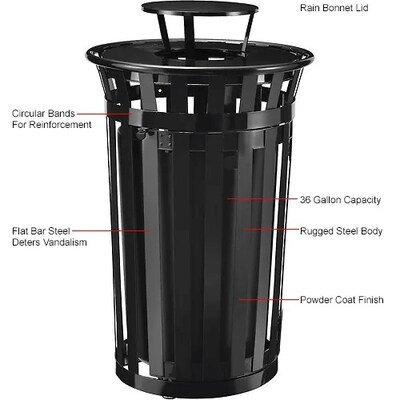 Global Industrial Outdoor Slatted Steel Trash Can w/ Access Door & Rain Bonnet Lid, 36 Gallon, Black (261941BK)
