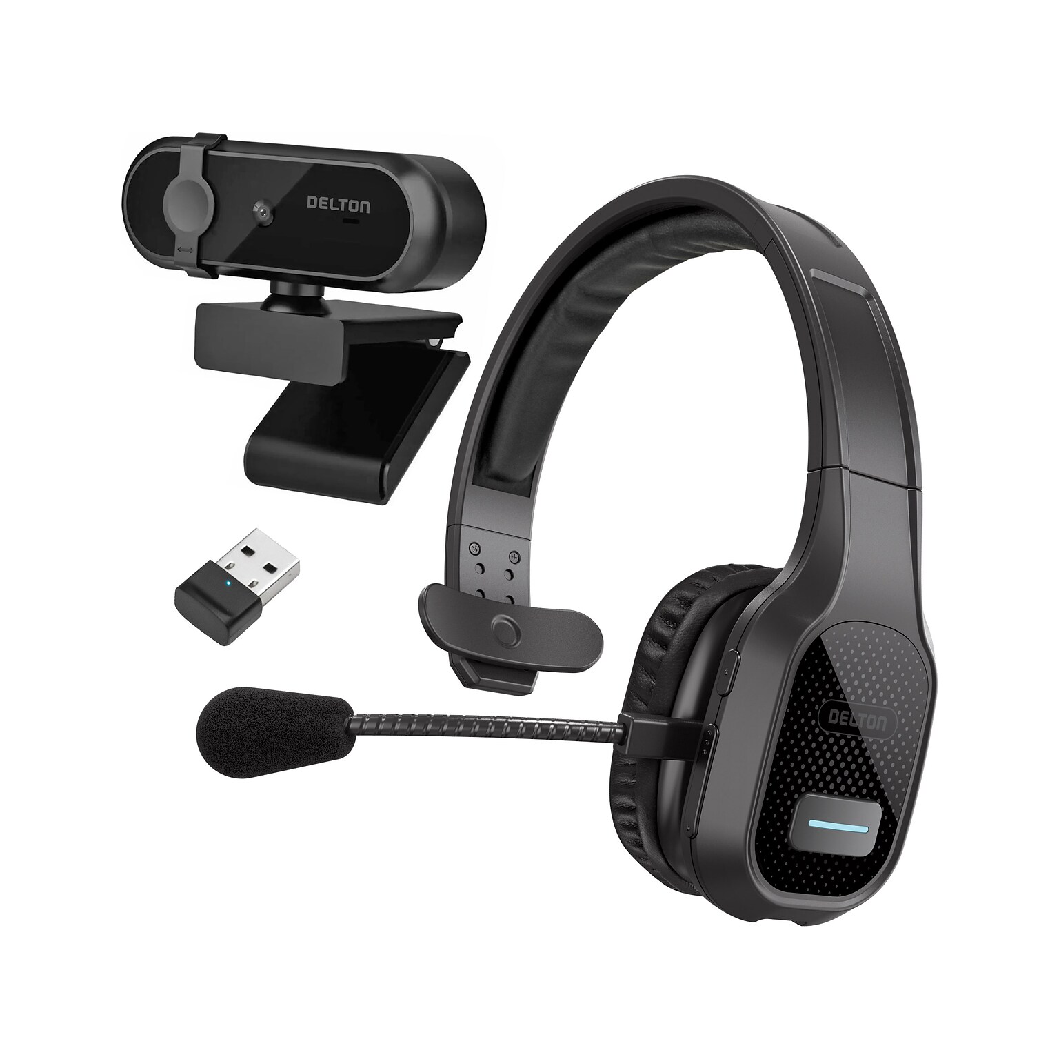 Delton 20X Wireless Noise Canceling Bluetooth Mono Headset with Auto-Pair USB Dongle and Webcam, 3.5mm (DBTHEAD20XBTDLCAM)