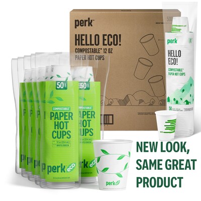 Perk™ Eco Compostable Paper Hot Cup, 12 Oz., White/Green, 500/Carton (PK56222CT)
