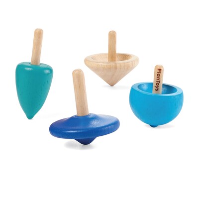 Plan Toys Wooden Mini Spinning Tops, Blue, 4/Pack (PTS4132)
