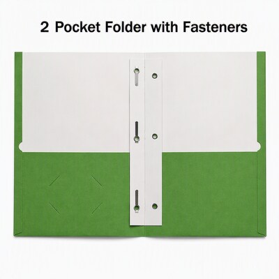 Staples School Grade 2-Pocket Folders with Fasteners, Green, Letter-Size Durable Classroom & Office File Folders, 25/Box