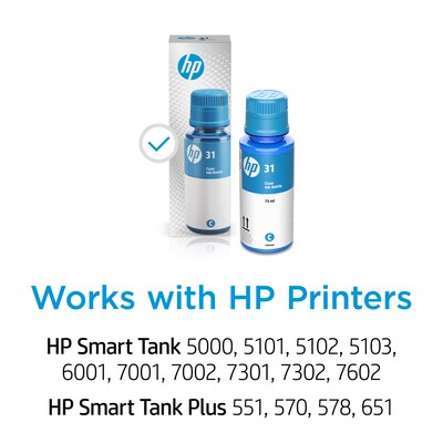 HP 31 Cyan Standard Yield Ink Tank Bottle Refill, Prints Up to 8,000 Pages (1VU26AN)