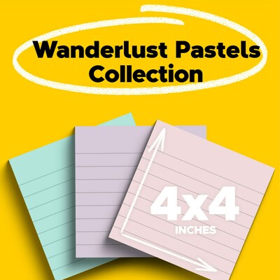 Post-it Recycled Super Sticky Notes, 4" x 4", Wanderlust Pastels Collection, Lined, 70 Sheets/Pad, 3 Pads/Pack (675R-3SSNRP)