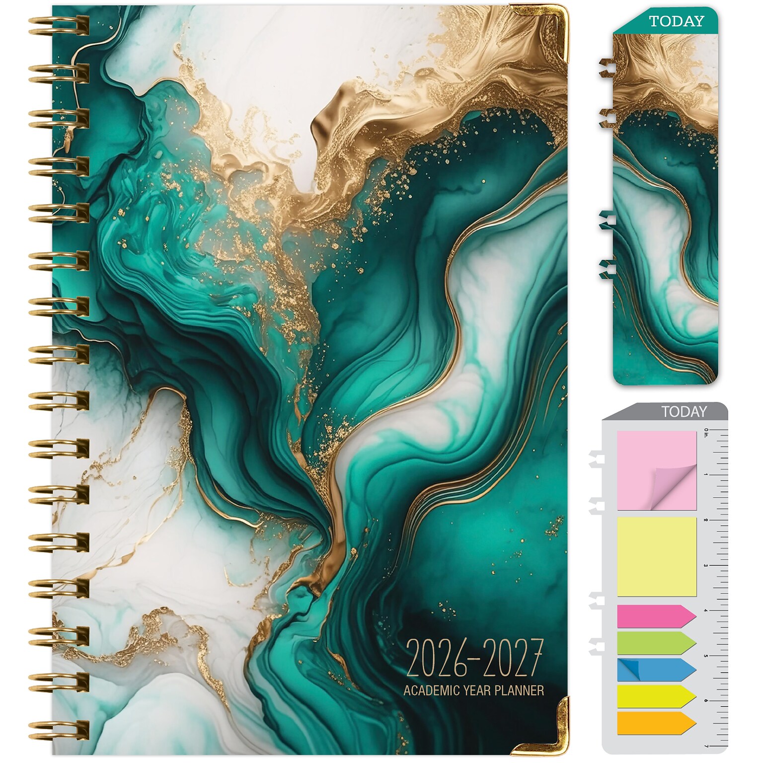 2026-2027 Excello Brands 8 x 5.5 Academic Weekly & Monthly Planner, Paperboard Cover, Teal Gold Marble (FSHN-AY26-58-54)