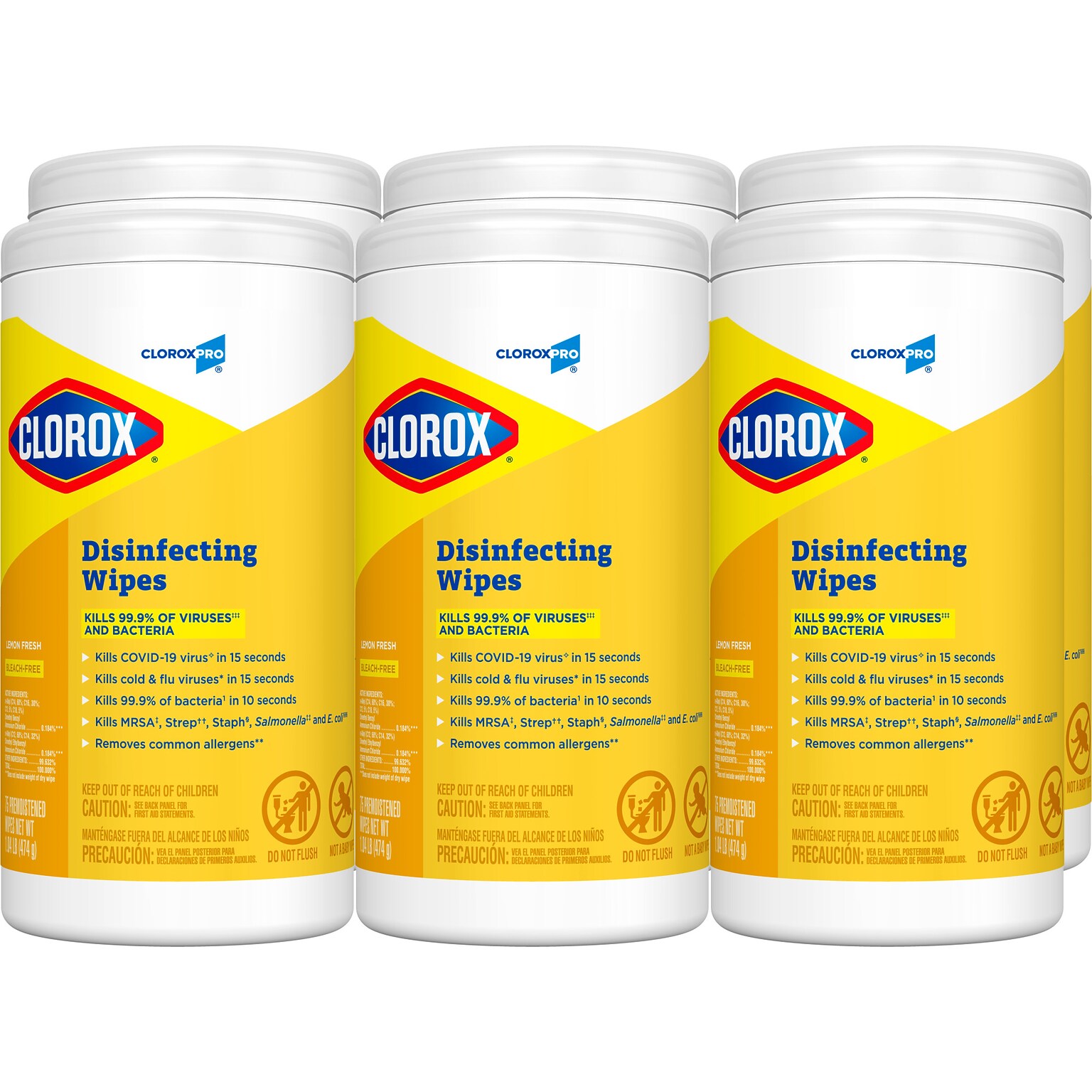 CloroxPro Disinfecting Wipes, Lemon Fresh, 75 Wipes/Container, 6/Carton (CLO15948)