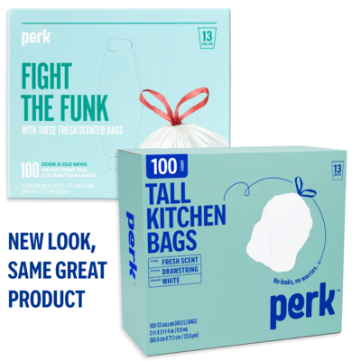 Perk™ 13 Gallon Scented Kitchen Trash Bag, 28 x 24, Low Density, 0.9 mil, White, 100 Bags/Box (PK5