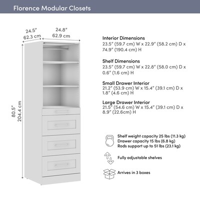 Bestar Florence Closet System, 5 Shelves, 4 Drawers, 25"W x 25"D, White (127603-000017)