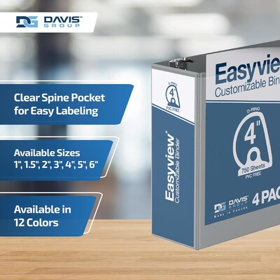 Davis Group Easyview Premium 4"Angle D Ring, Customizable, View Binder, Grey, 4/Pack (8406-07)